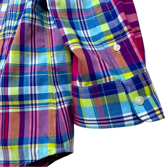 Chaps Womens Plaid Button Down Shirt Multi Color Red Blue 3/4 Sleeve Sz Petite M - Picture 7 of 12